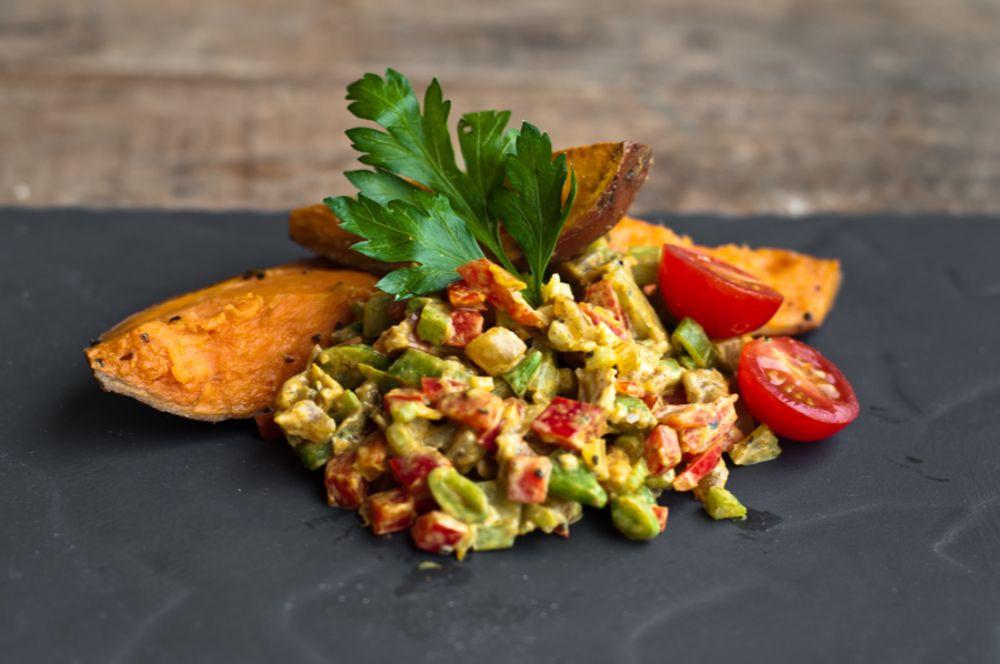 Coronation Chicken with Sweet Potato Wedges